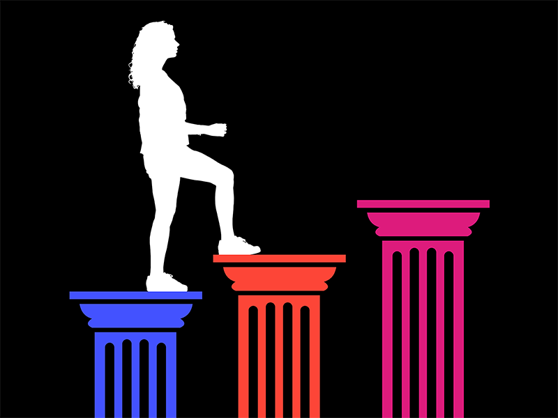 Illustration of woman walking atop columns, career progression